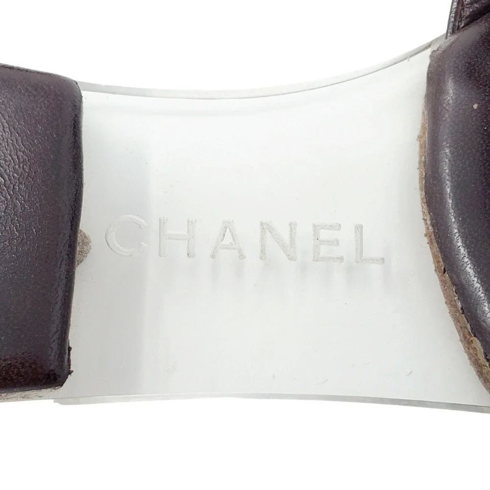Chanel Sandals Brown Leather Flat Slides LOGO Clear Block PVC Mules EU 36.5